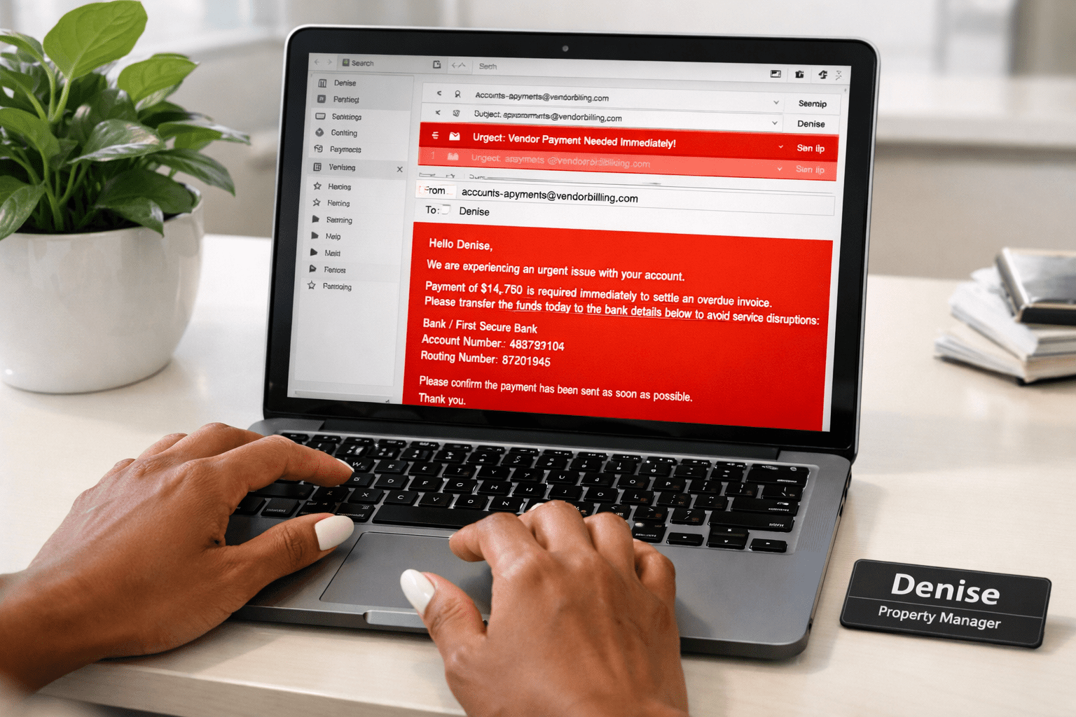 Laptop showing a business email inbox with a suspicious message highlighted, illustrating email security risks in manufactured housing operations.