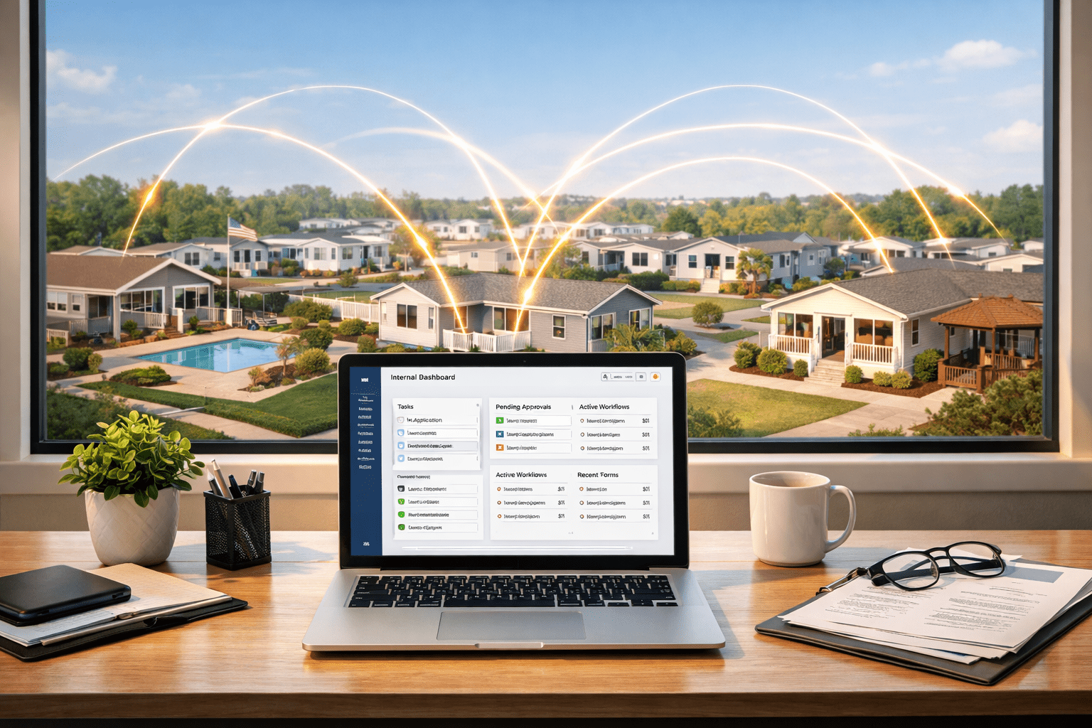 Bright, modern leasing office desk with a laptop displaying a clean workflow dashboard, overlooking a manufactured housing community network connected by glowing lines, symbolizing centralized operations.
