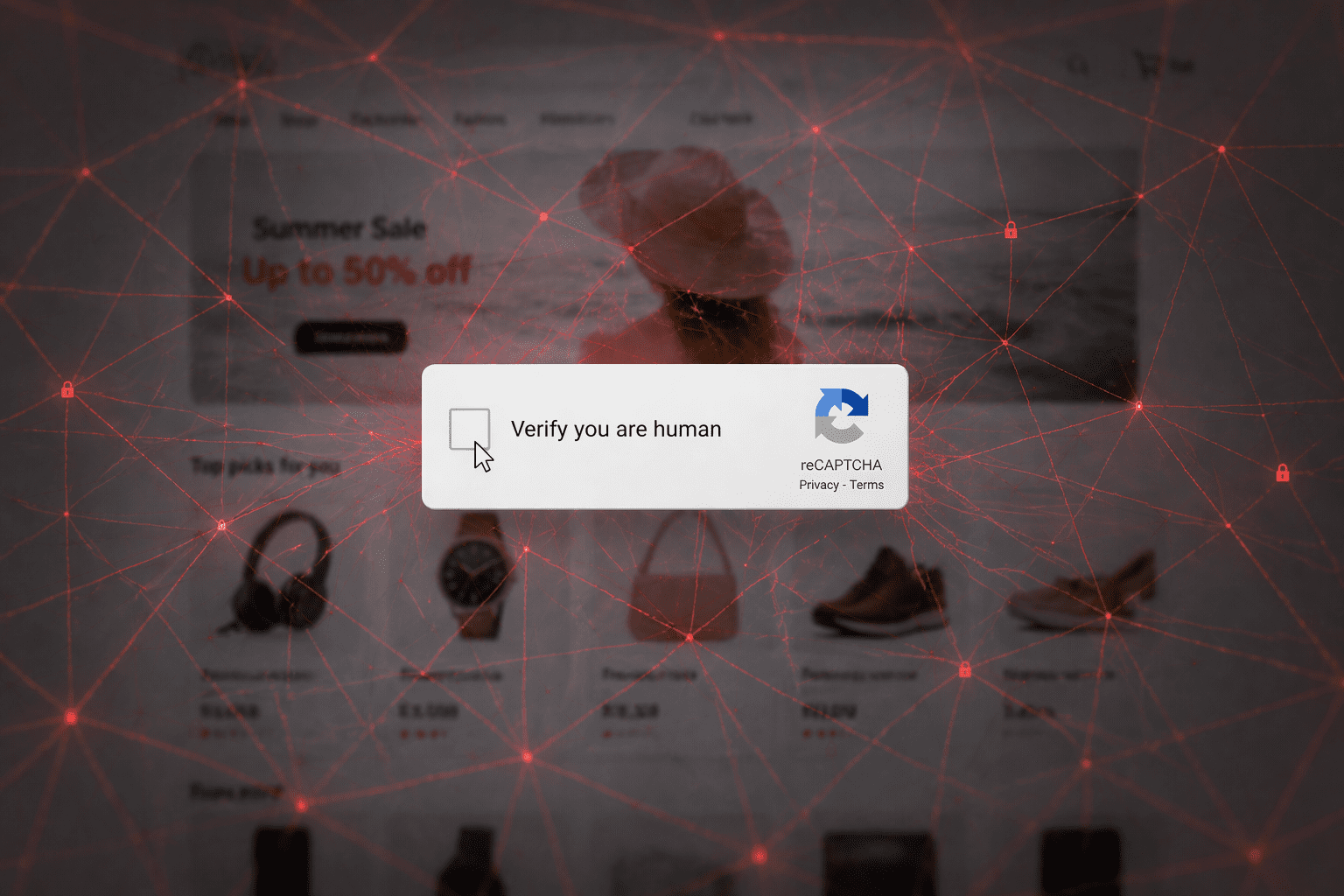 CAPTCHA verification box in sharp focus reading “Verify you are human,” centered over a blurred eCommerce website, with visible red digital web-like threads spreading outward, suggesting a hidden phishing trap.