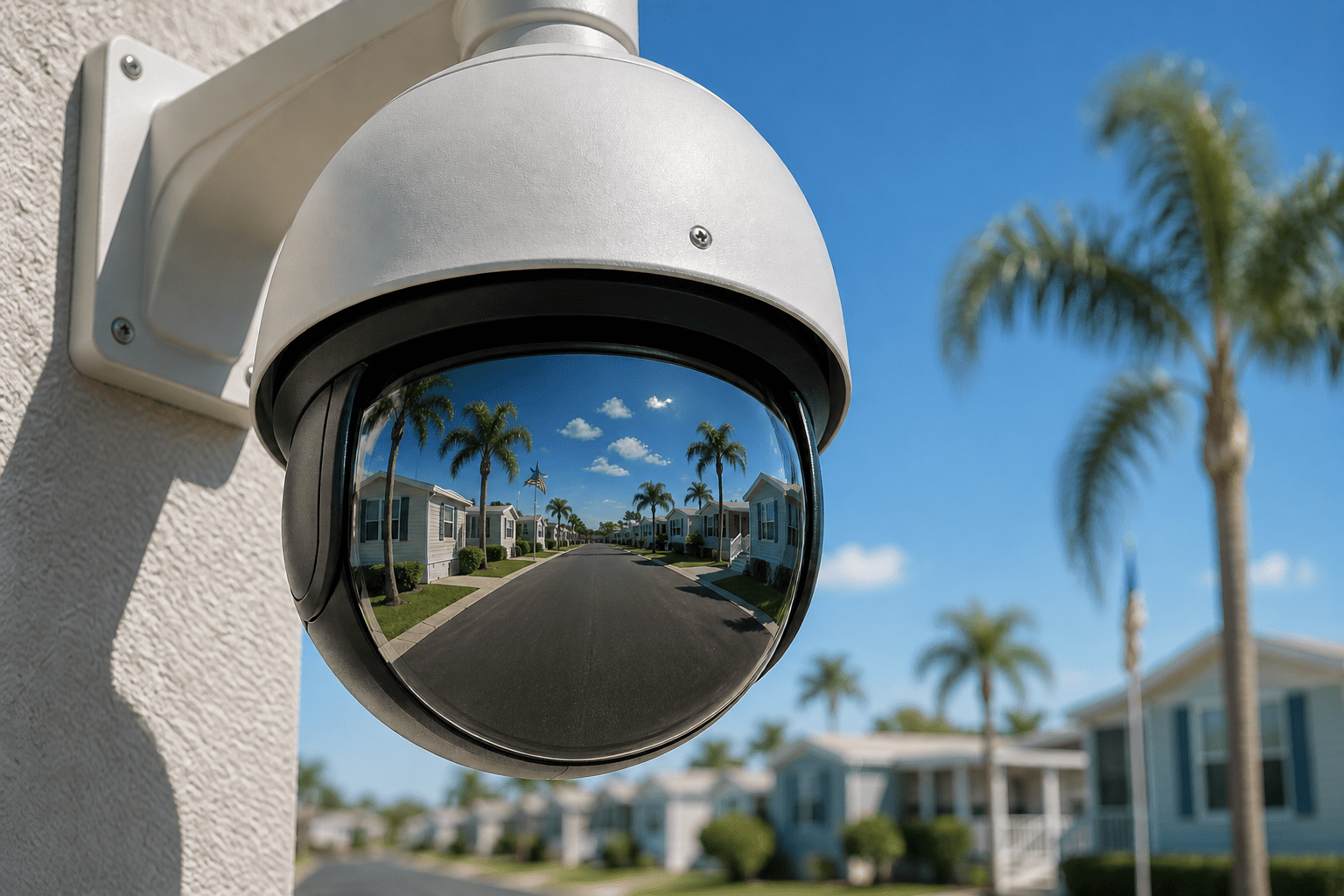 Close-up of a white PTZ dome surveillance camera mounted on a textured exterior wall. The glossy lens reflects a sunny manufactured housing community with palm trees, neat rows of homes, and a clear blue Florida sky.
