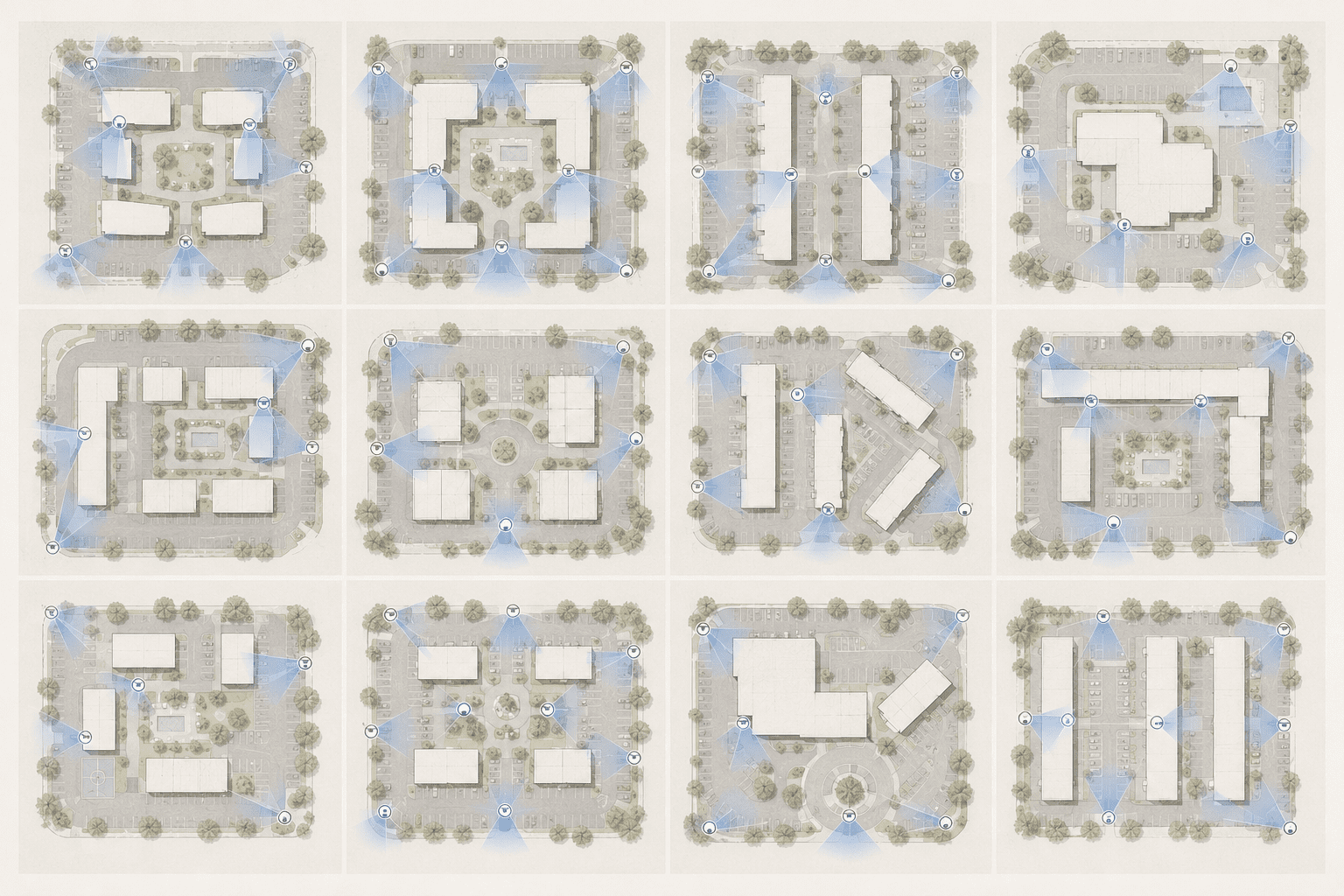 Top-down satellite-style grid of multiple manufactured housing communities, showing roads, rows of homes, parking areas, and shared spaces. Each layout is overlaid with semi-transparent blue camera coverage zones and directional cones, illustrating consistent, strategically placed surveillance across different properties.