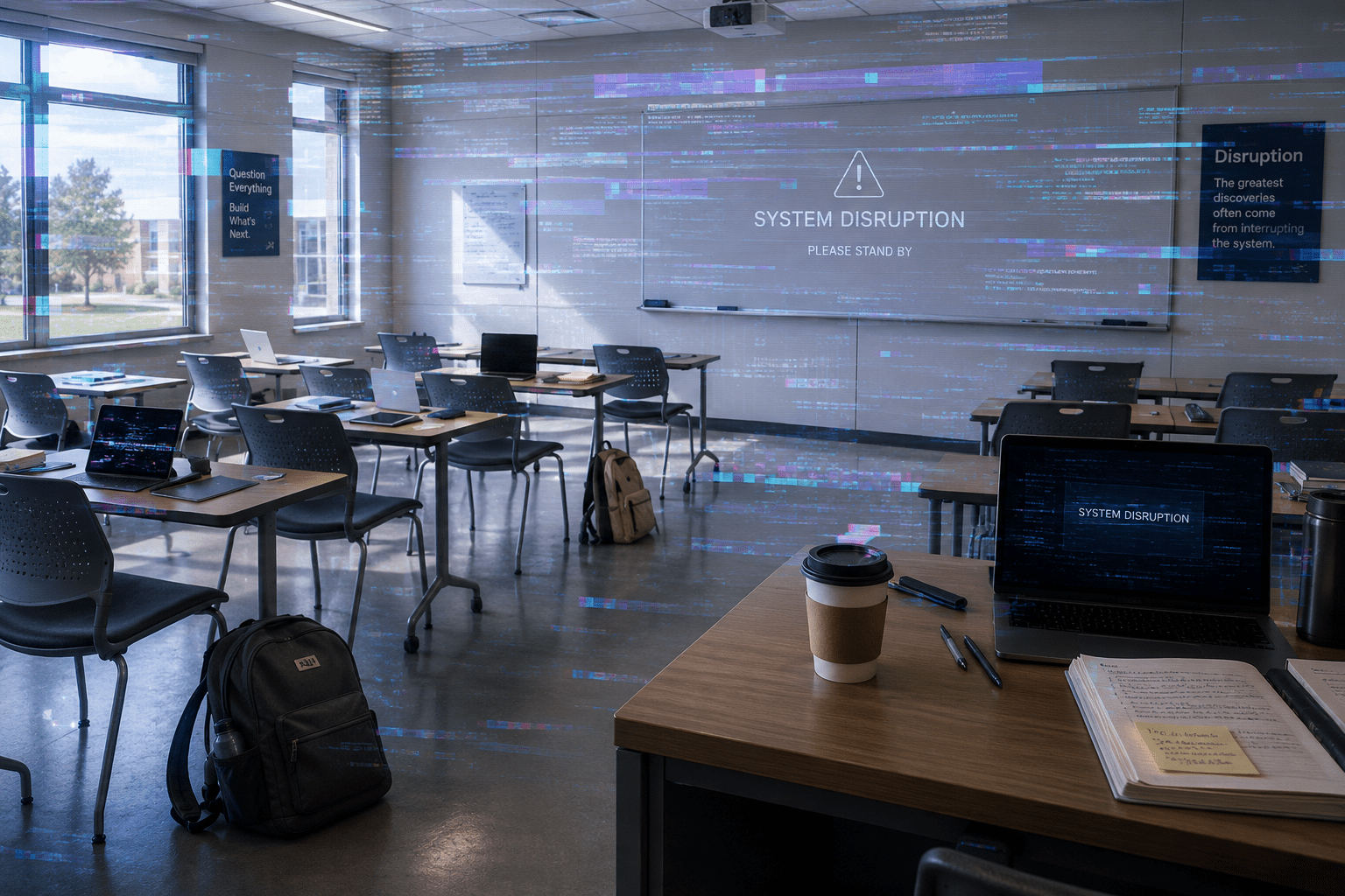 Empty modern classroom with desks, backpacks, and open laptops left behind, suggesting students just exited. A professor’s desk in the foreground holds a coffee cup, notebook, and laptop. Across the room, a subtle digital glitch overlay creates a ripple effect through the space, with “System Disruption” visible on screens—evoking a Canvas breach disrupting the learning environment.